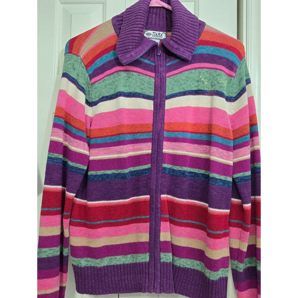 Tiara International Womens Multicolor Striped Knit Sweater Jacket W/ Zipper Fron